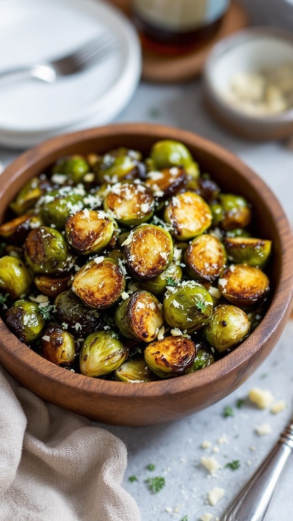 A bowl of garlic roasted Brussels sprouts drizzled with balsamic glaze and topped with Parmesan cheese.